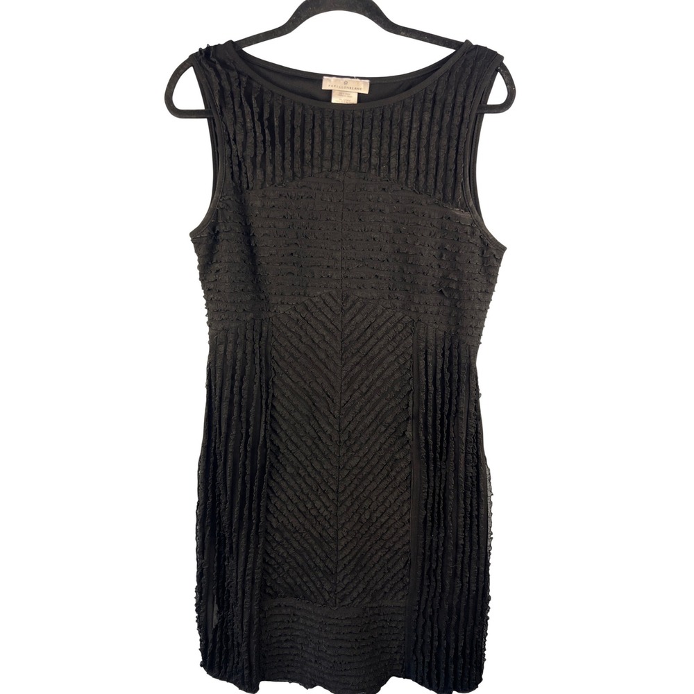 Papillon Blanc‎ Black Sleeveless Sheath Dress SZ L Allover Texture/Ruffles LBD